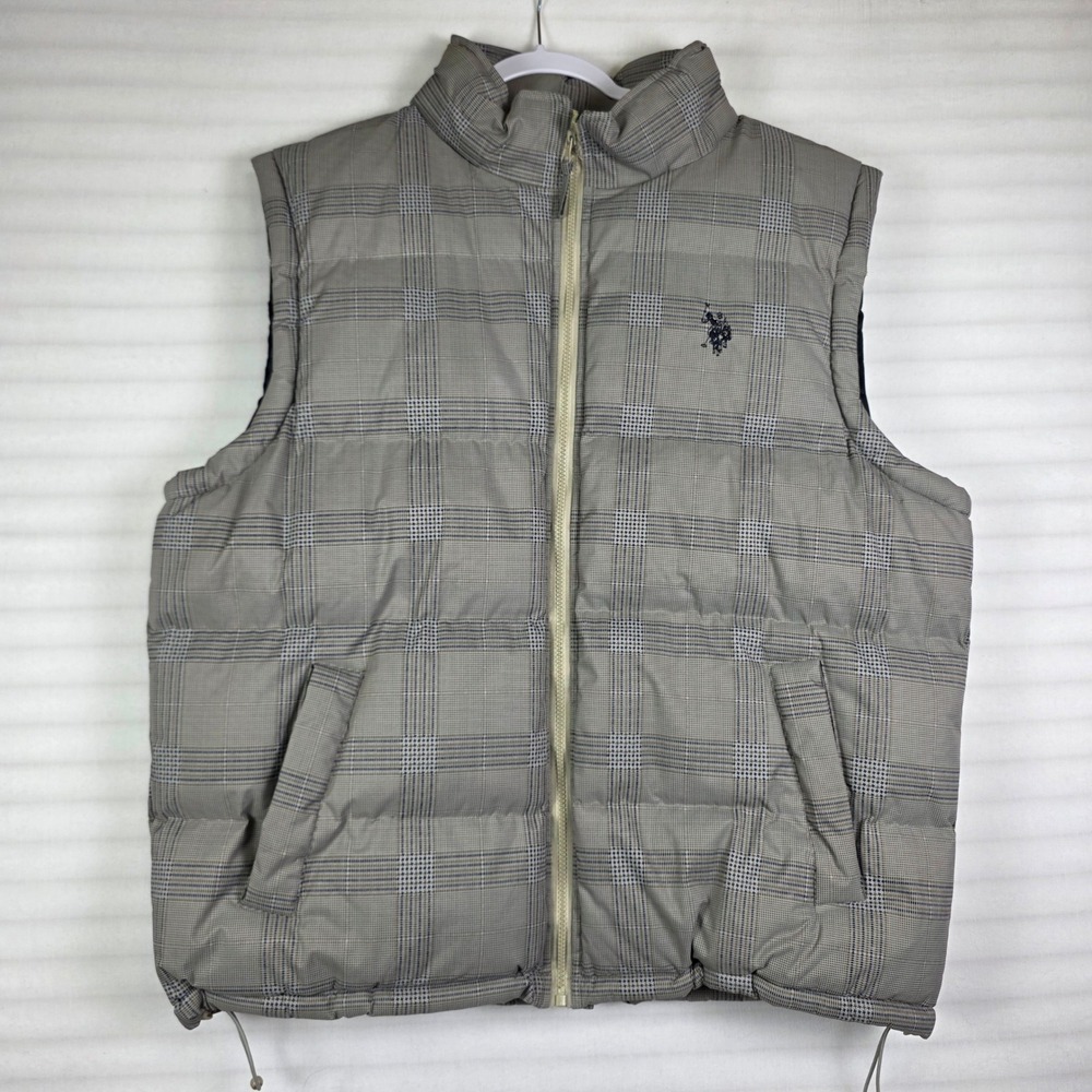 US Polo Assn Puffer Vest Mens XL Grey Plaid Preppy Dark Academia Vintage